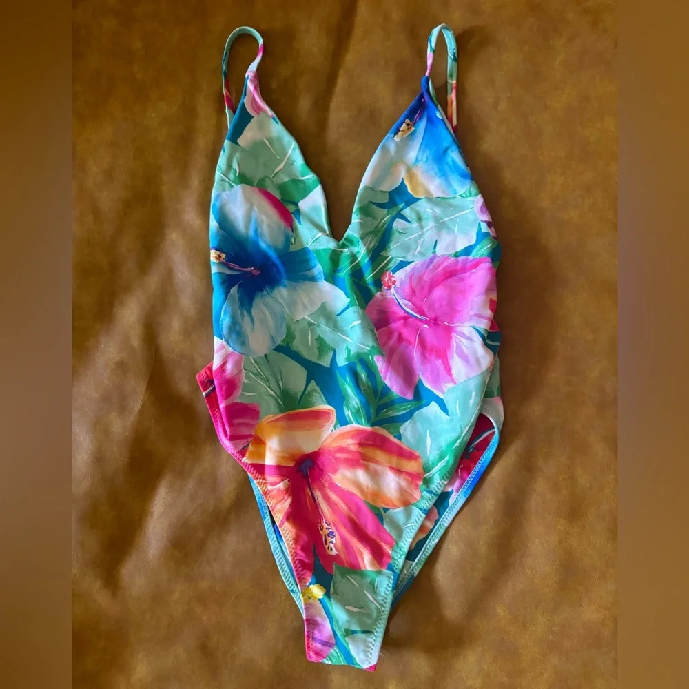 Show Me Your MuMu Tropical Floral One-Piece Swimsuit in Teal, Pink, Blue, Orange - Picture 3 of 9
